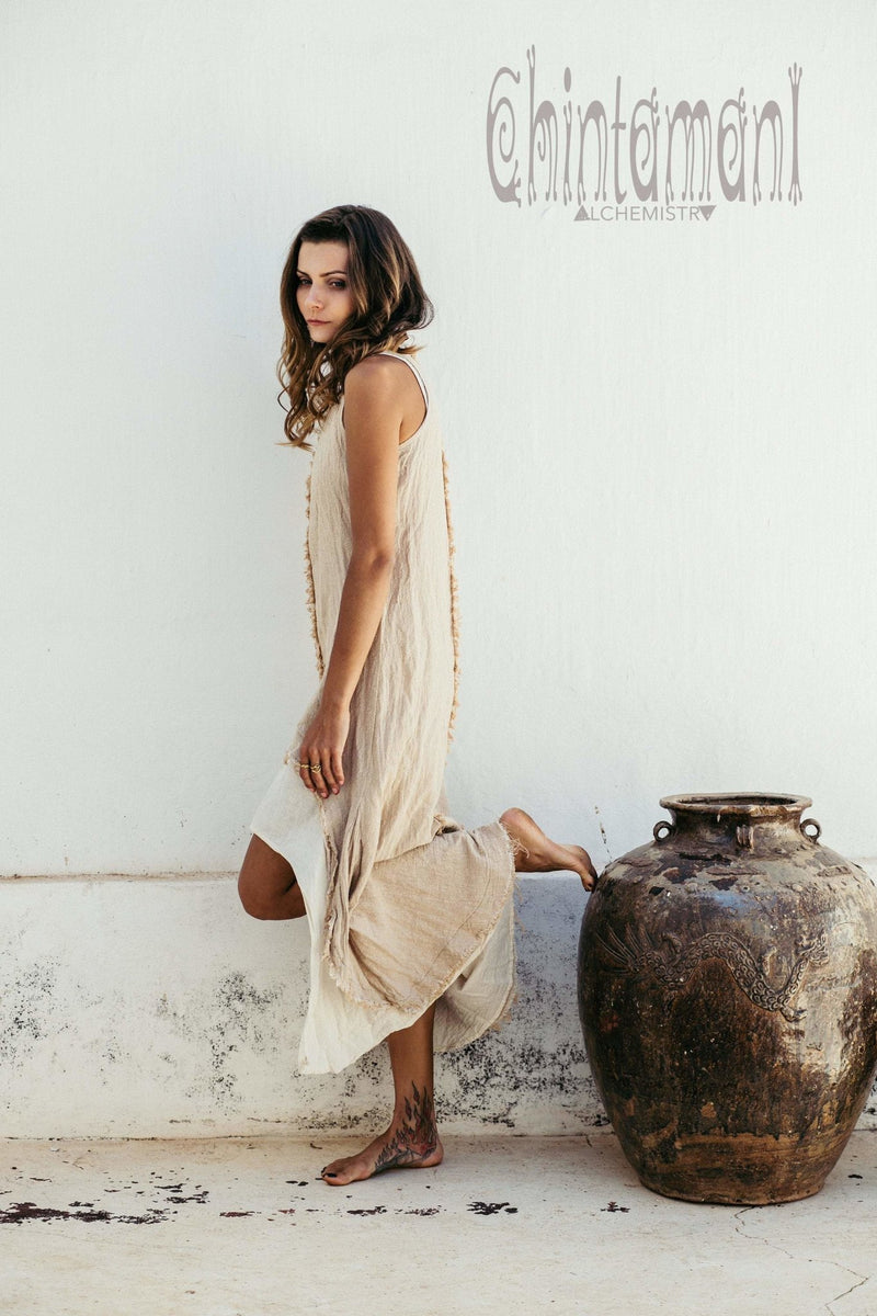 High Low Raw Cotton Long Dress with Double Layer / Aroha Tino Beige - ChintamaniAlchemi