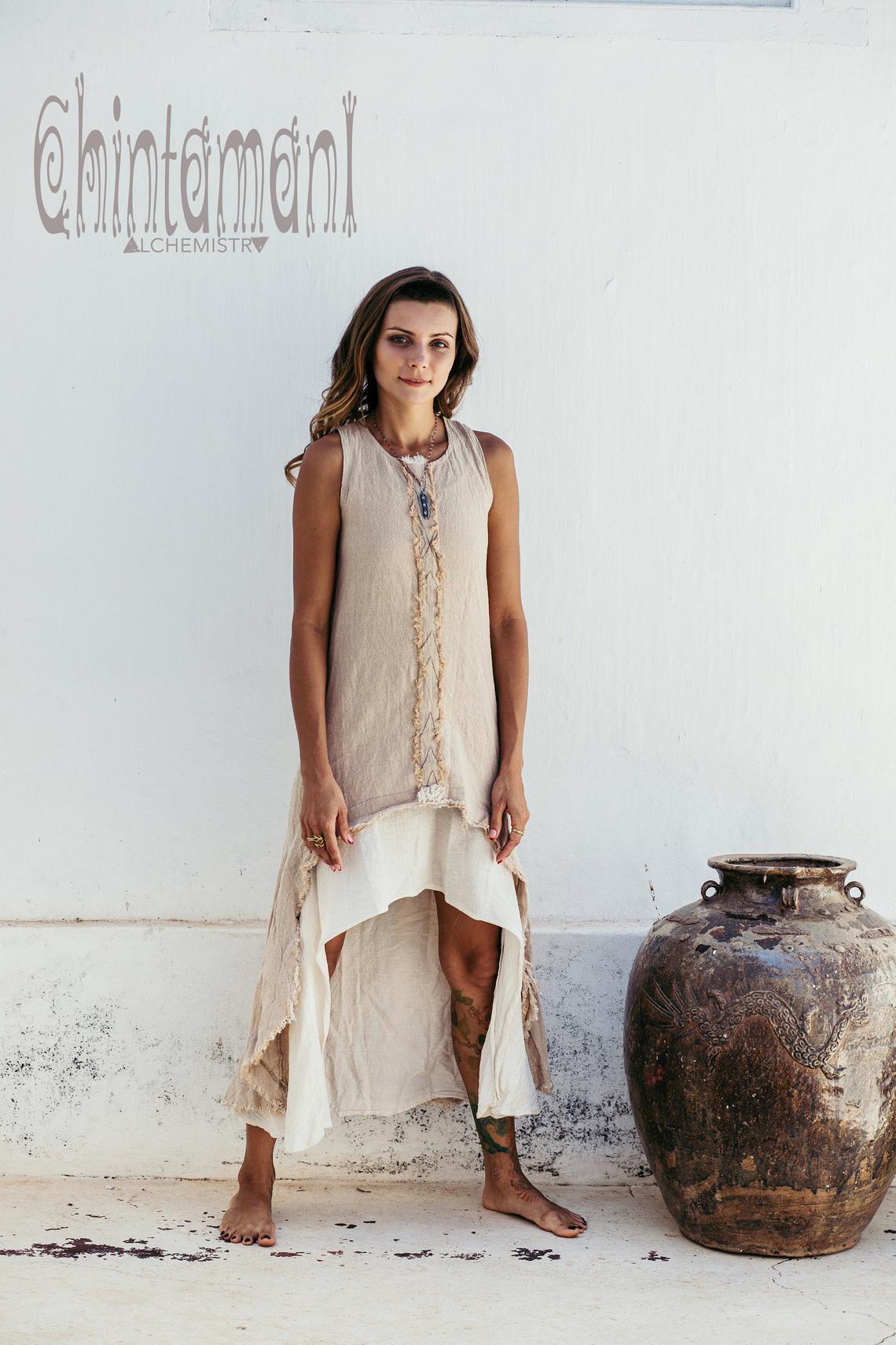 High Low Raw Cotton Long Dress with Double Layer / Aroha Tino Beige - ChintamaniAlchemi