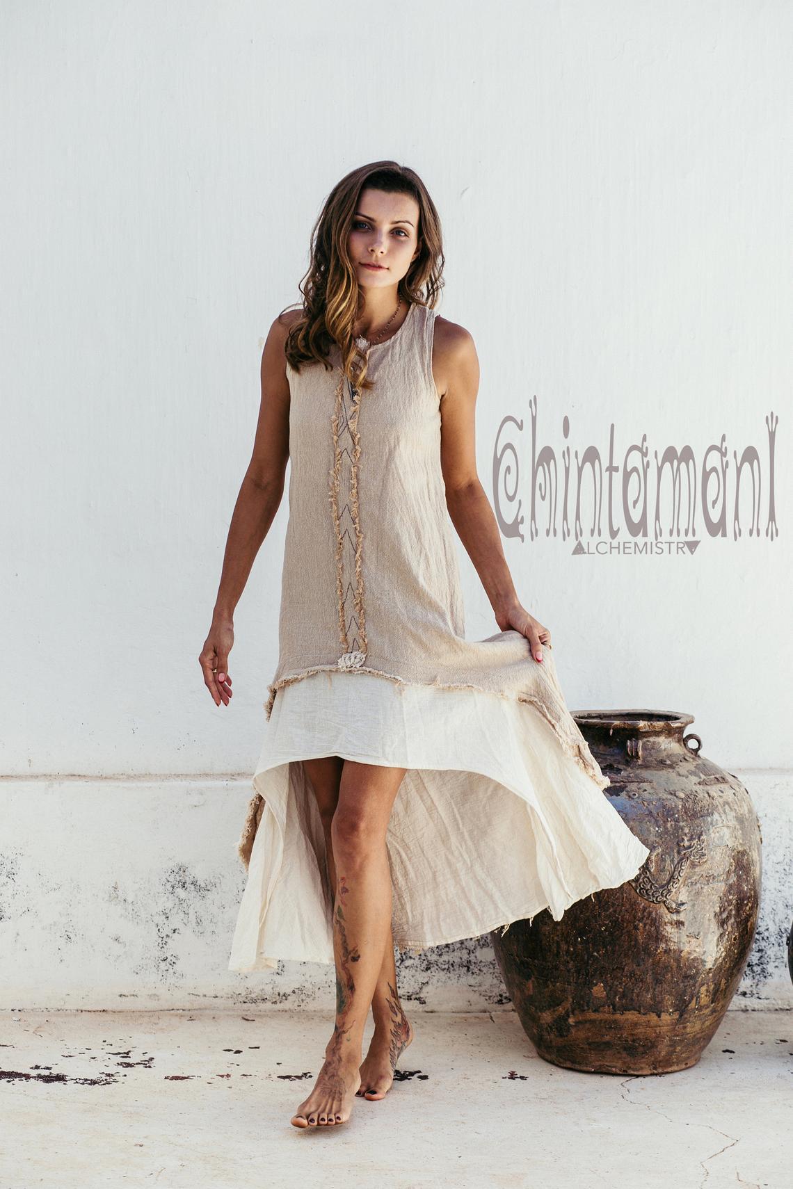 High Low Raw Cotton Long Dress with Double Layer / Aroha Tino Beige - ChintamaniAlchemi