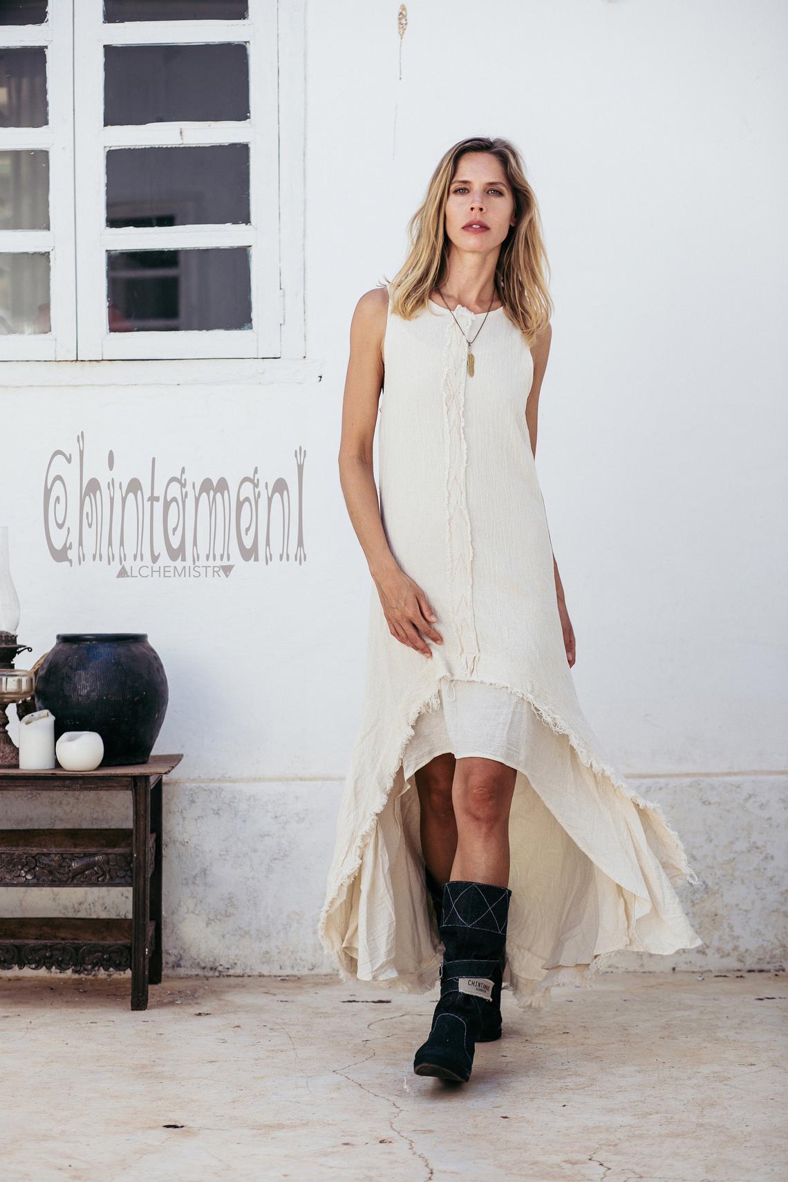 High Low Raw Cotton Long Dress with Double Layer / Aroha Tino Off White - ChintamaniAlchemi