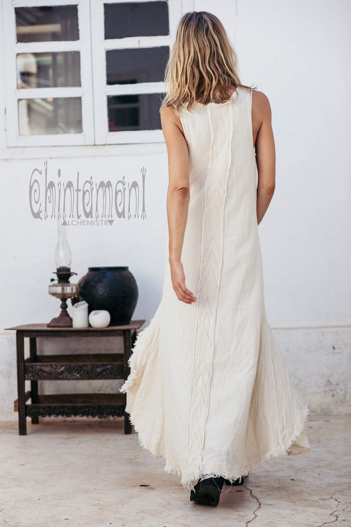 High Low Raw Cotton Long Dress with Double Layer / Aroha Tino Off White - ChintamaniAlchemi