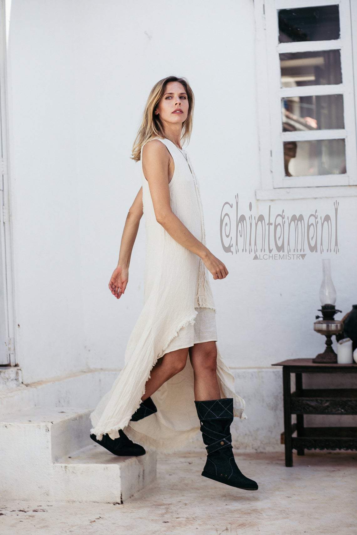 High Low Raw Cotton Long Dress with Double Layer / Aroha Tino Off White - ChintamaniAlchemi