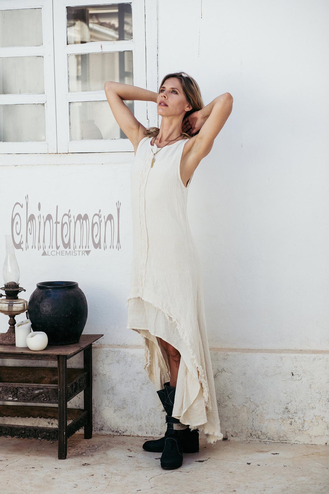 High Low Raw Cotton Long Dress with Double Layer / Aroha Tino Off White - ChintamaniAlchemi