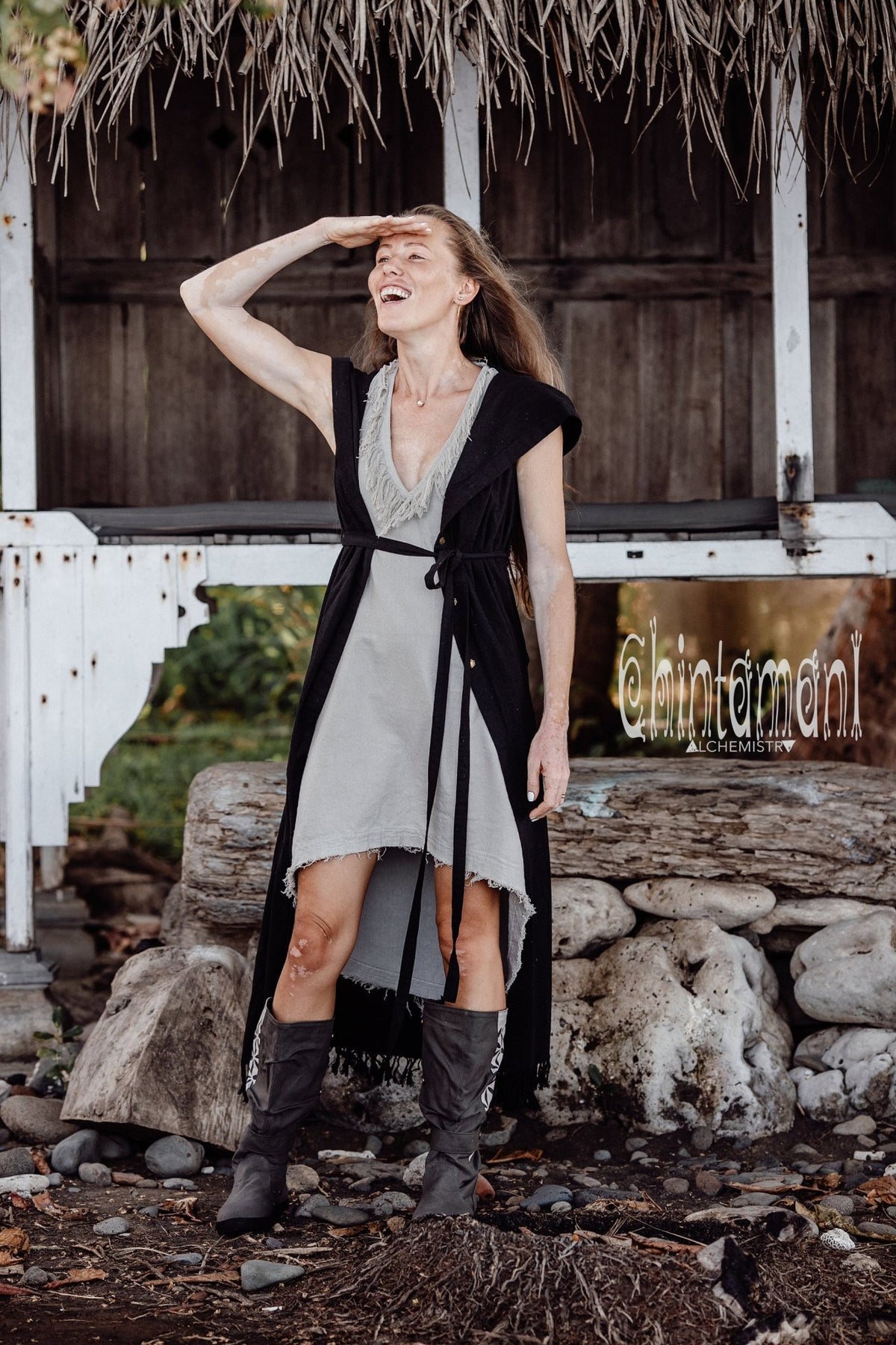 Hooded Sleeveless Shirt Dress / Boho Fringe Tunic Vest / Chakruna Black - ChintamaniAlchemi