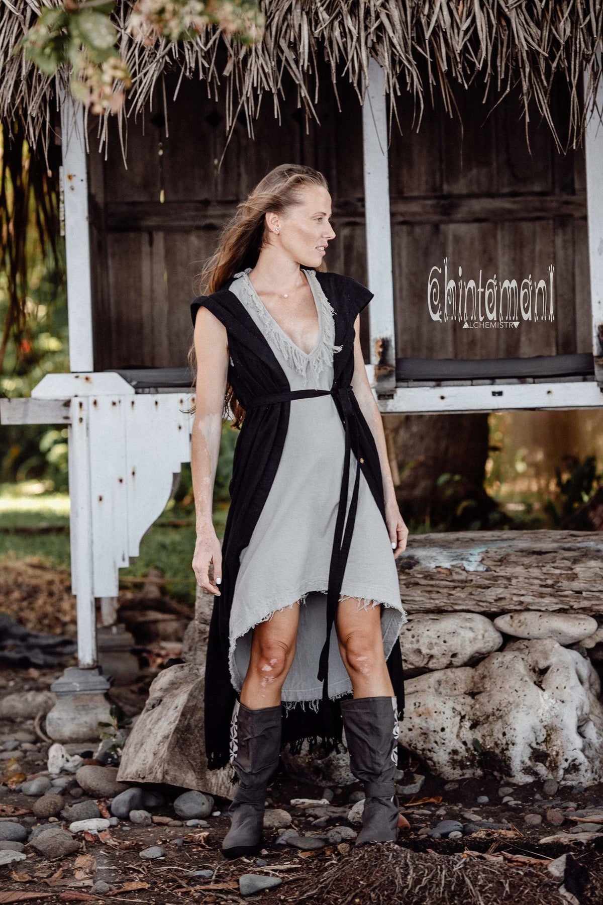 Hooded Sleeveless Shirt Dress / Boho Fringe Tunic Vest / Chakruna Black - ChintamaniAlchemi