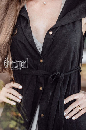 Hooded Sleeveless Shirt Dress / Boho Fringe Tunic Vest / Chakruna Black - ChintamaniAlchemi