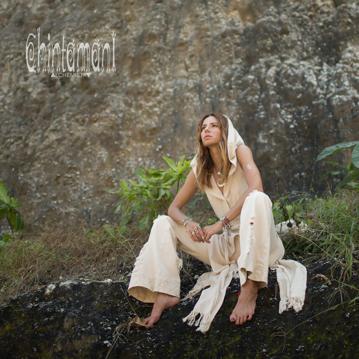 Hooded Sleeveless Shirt Dress / Boho Fringe Tunic Vest / Chakruna Off White - ChintamaniAlchemi