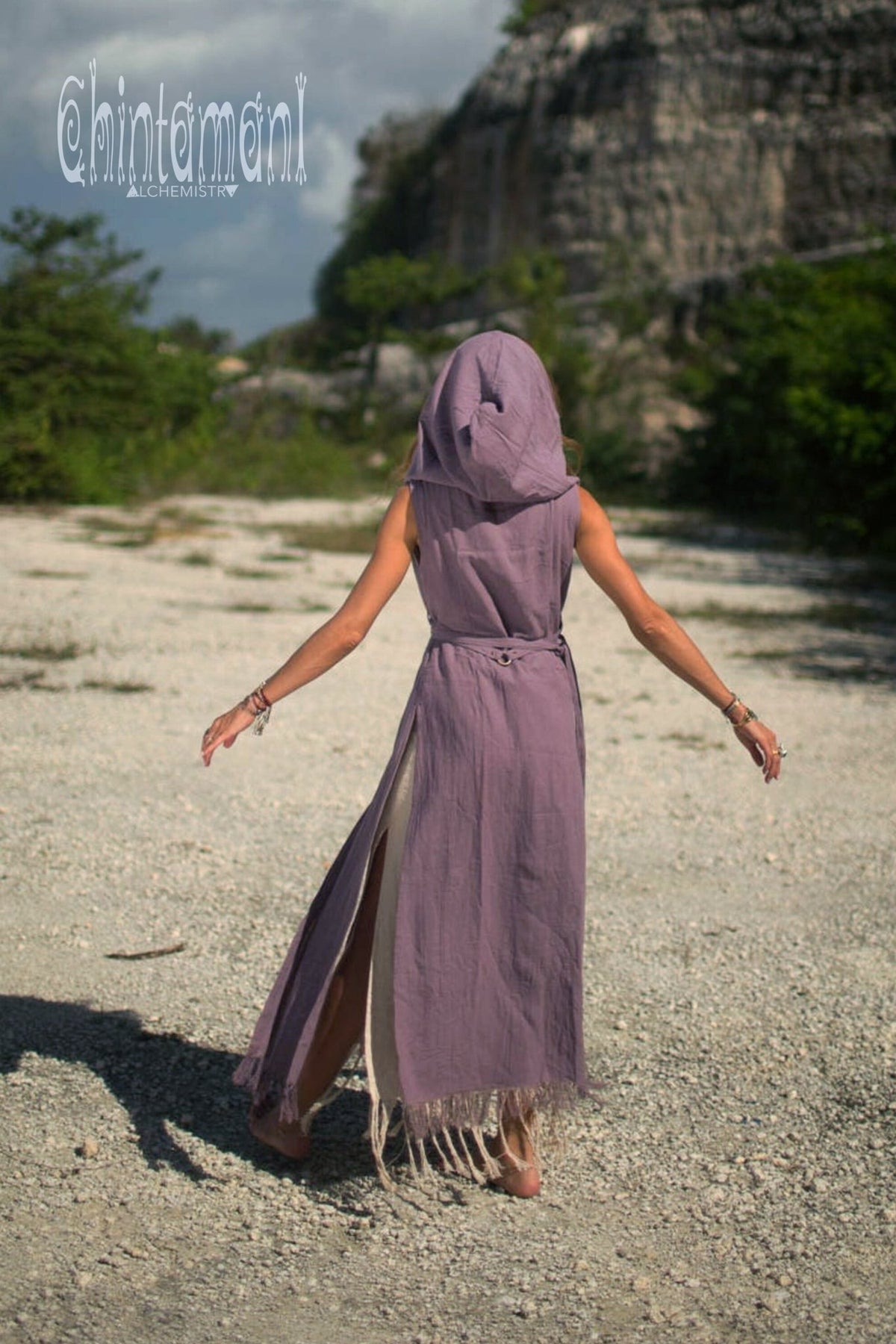 Hooded Sleeveless Shirt Dress / Boho Fringe Tunic Vest / Chakruna Purple - ChintamaniAlchemi