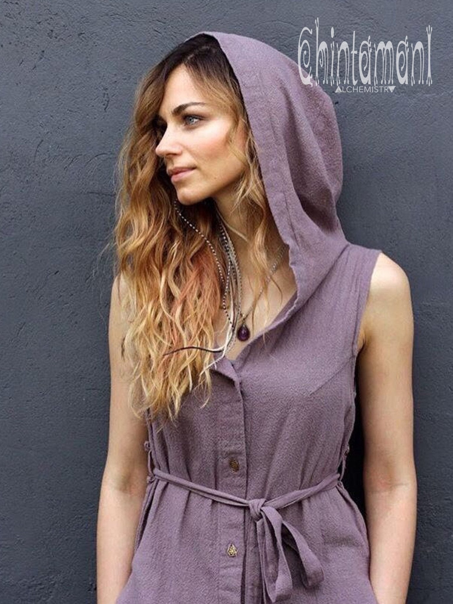 Hooded Sleeveless Shirt Dress Boho Fringe Tunic Vest Chakruna Purp ChintamaniAlchemi