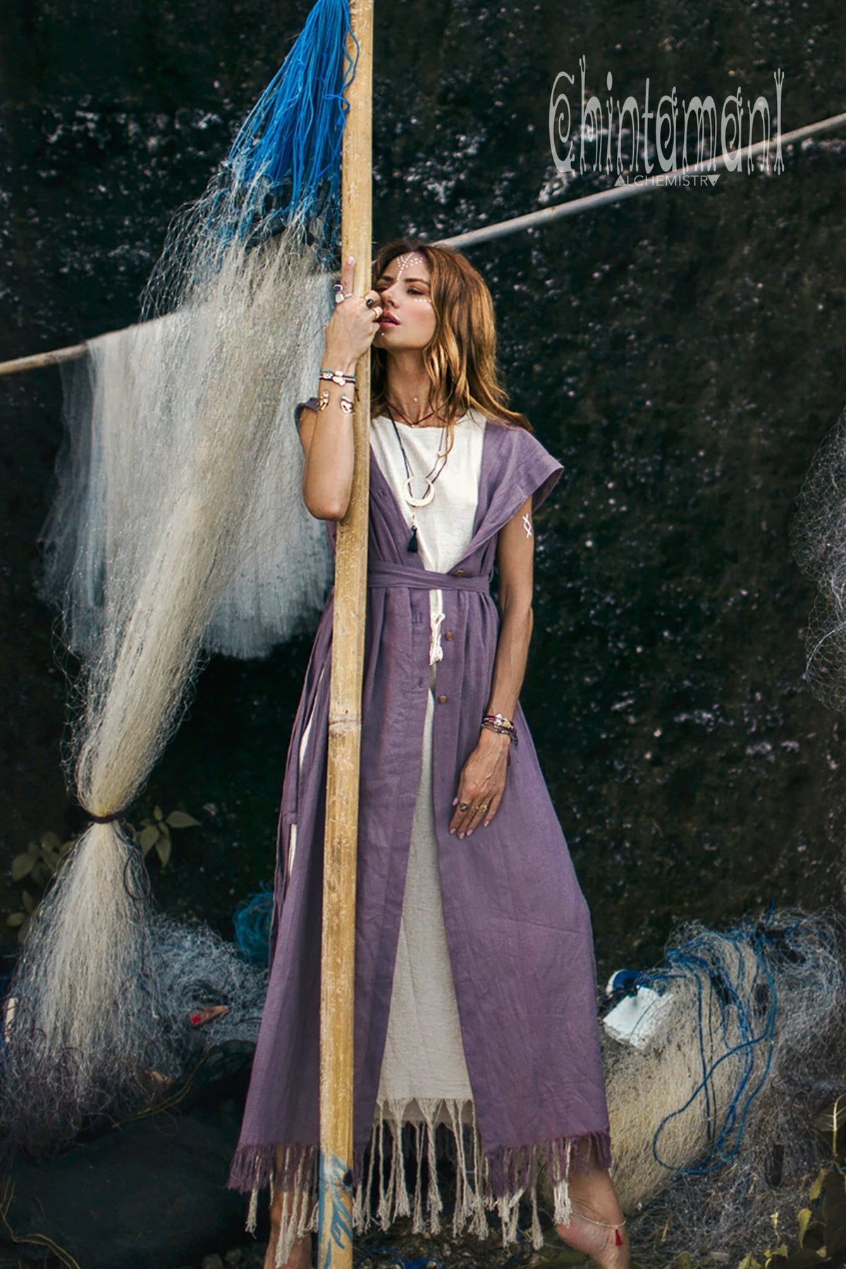 Hooded Sleeveless Shirt Dress / Boho Fringe Tunic Vest / Chakruna Purple - ChintamaniAlchemi