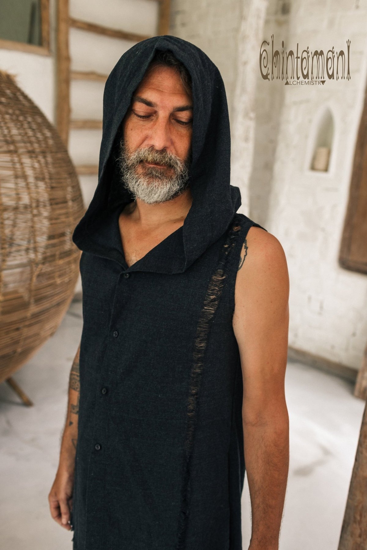 Hooded Vest Shirt for Men / Printed Tank Top with Huge Hood / Black - ChintamaniAlchemi