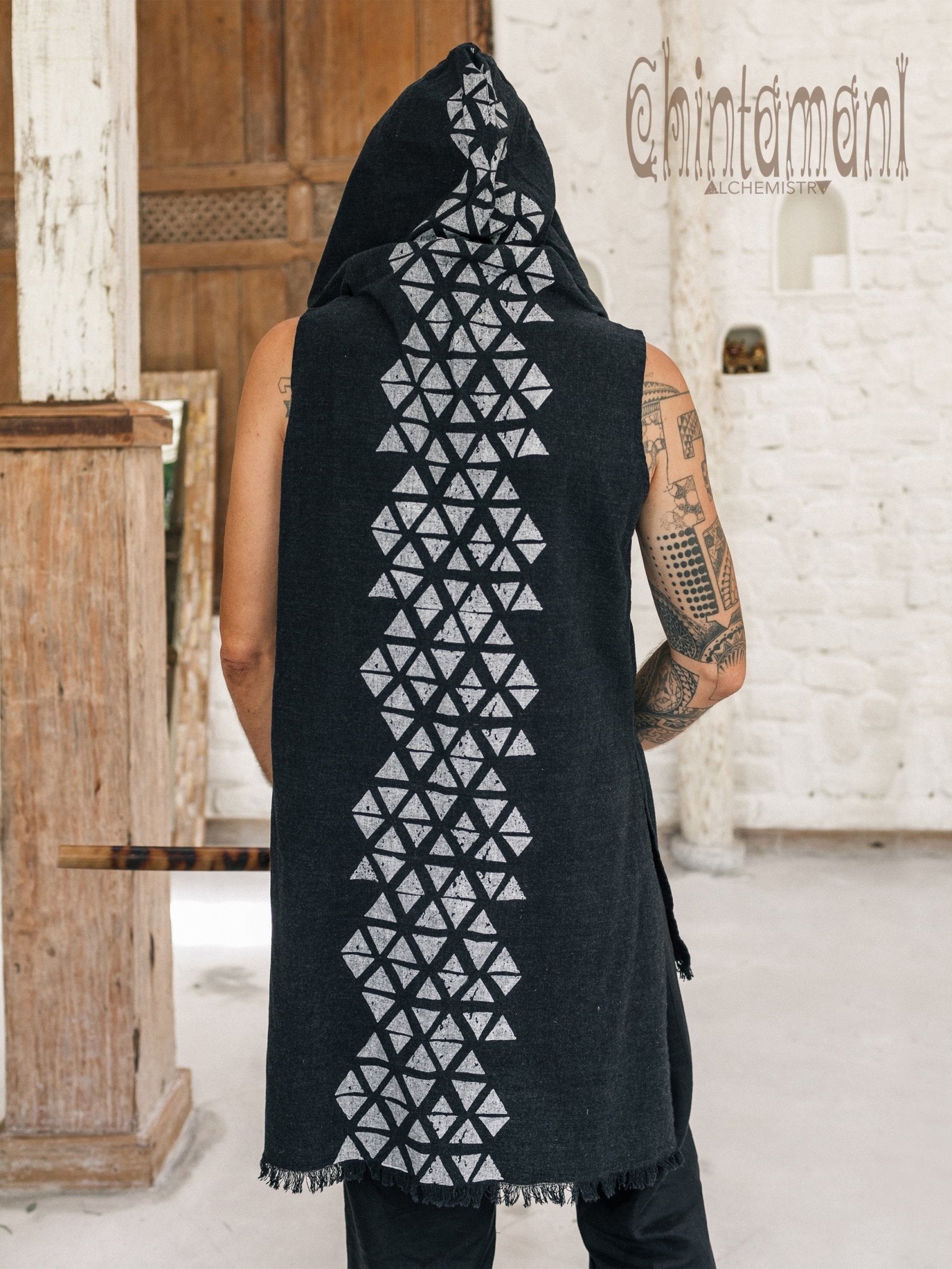 Hooded Vest Shirt for Men / Printed Tank Top with Huge Hood / Black - ChintamaniAlchemi