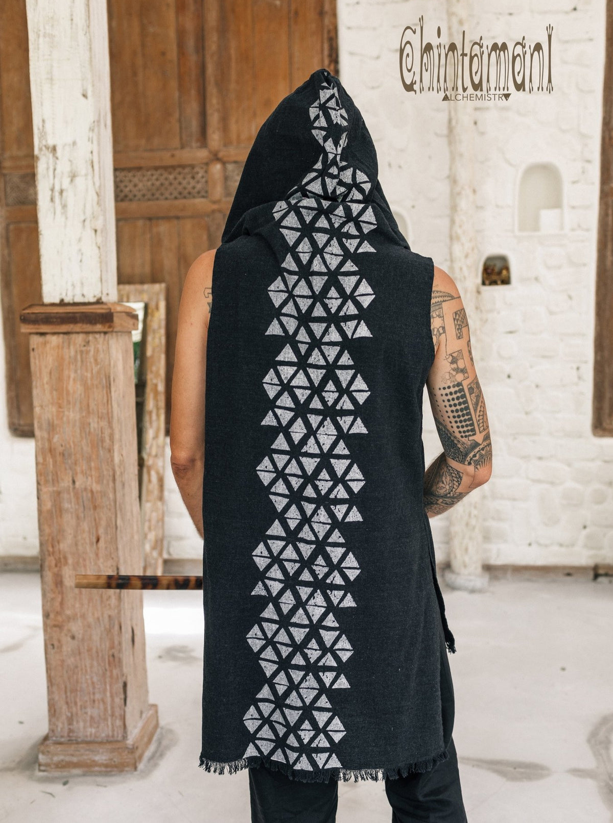 Hooded Vest Shirt for Men / Printed Tank Top with Huge Hood / Black - ChintamaniAlchemi