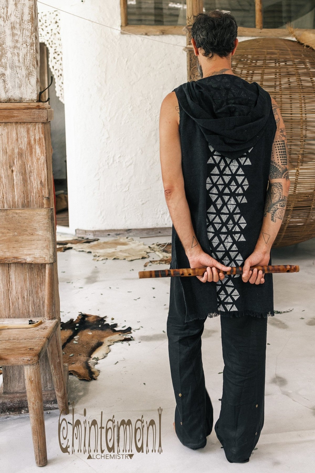 Hooded Vest Shirt for Men / Printed Tank Top with Huge Hood / Black - ChintamaniAlchemi