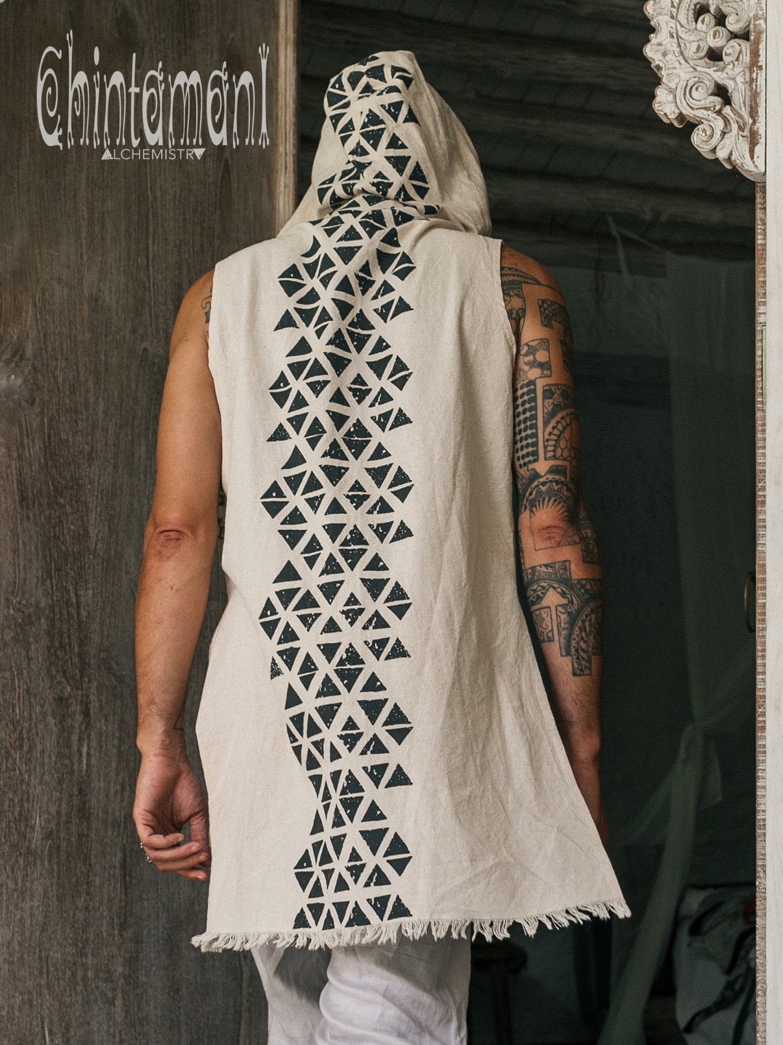 Hooded Vest Shirt for Men / Printed Tank Top with Huge Hood / Off White - ChintamaniAlchemi