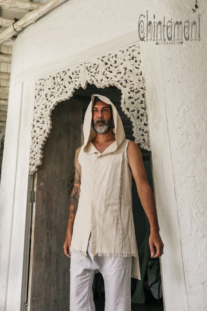 Hooded Vest Shirt for Men / Printed Tank Top with Huge Hood / Off White - ChintamaniAlchemi
