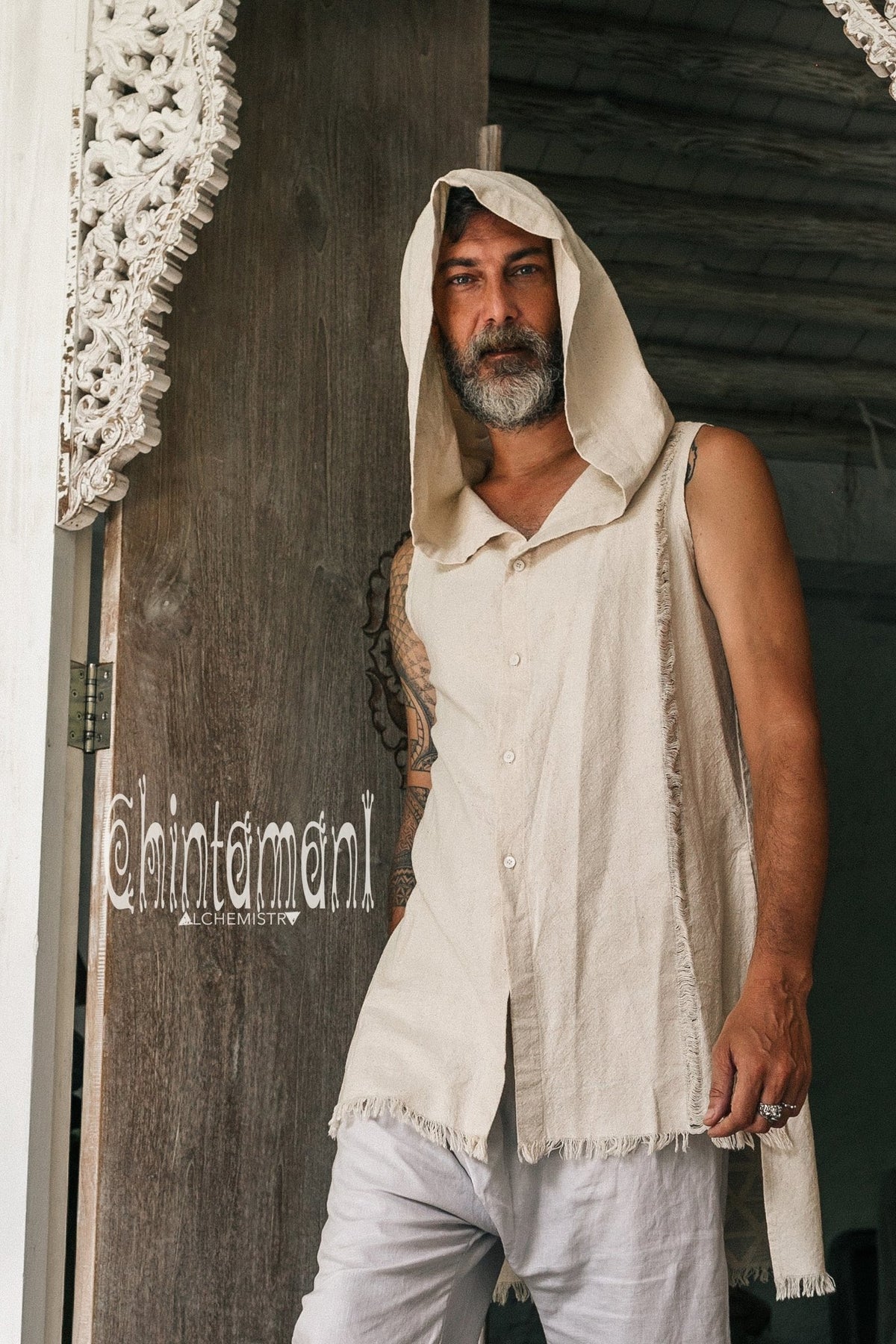 Hooded Vest Shirt for Men / Printed Tank Top with Huge Hood / Off White - ChintamaniAlchemi