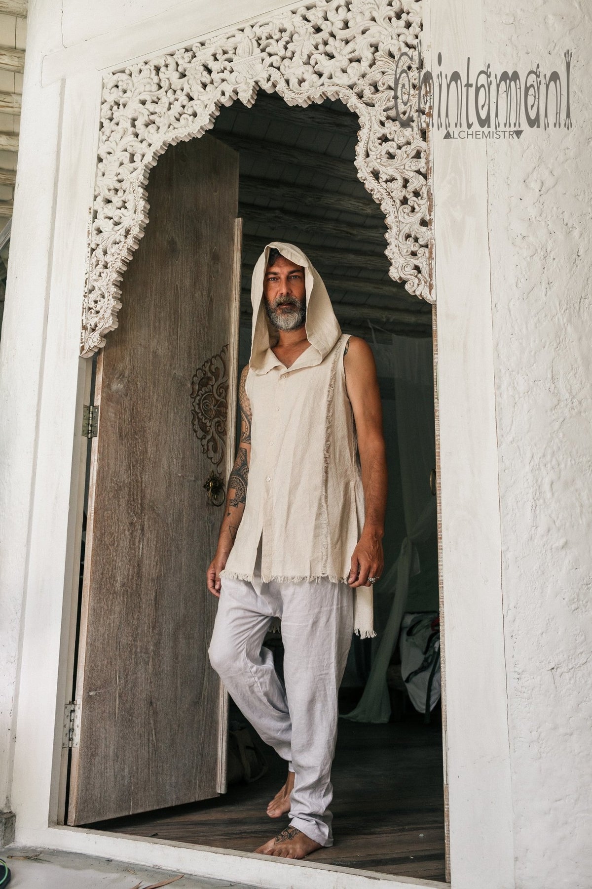 Hooded Vest Shirt for Men / Printed Tank Top with Huge Hood / Off White - ChintamaniAlchemi