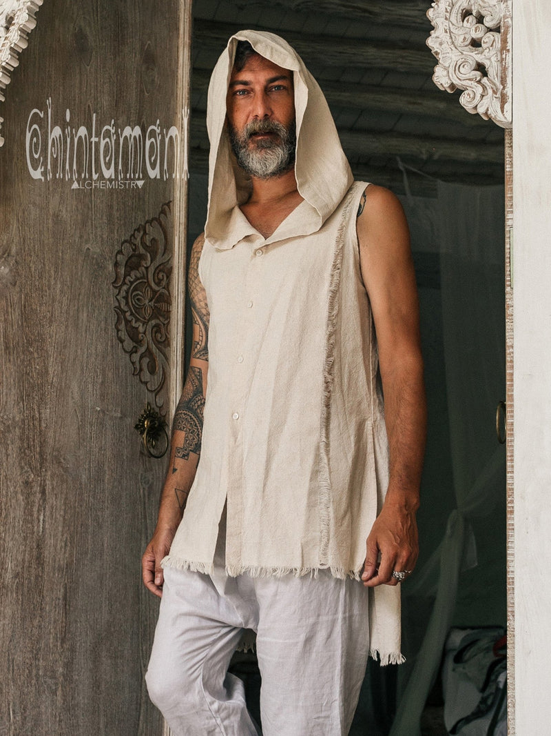 Hooded Vest Shirt for Men / Printed Tank Top with Huge Hood / Off White - ChintamaniAlchemi