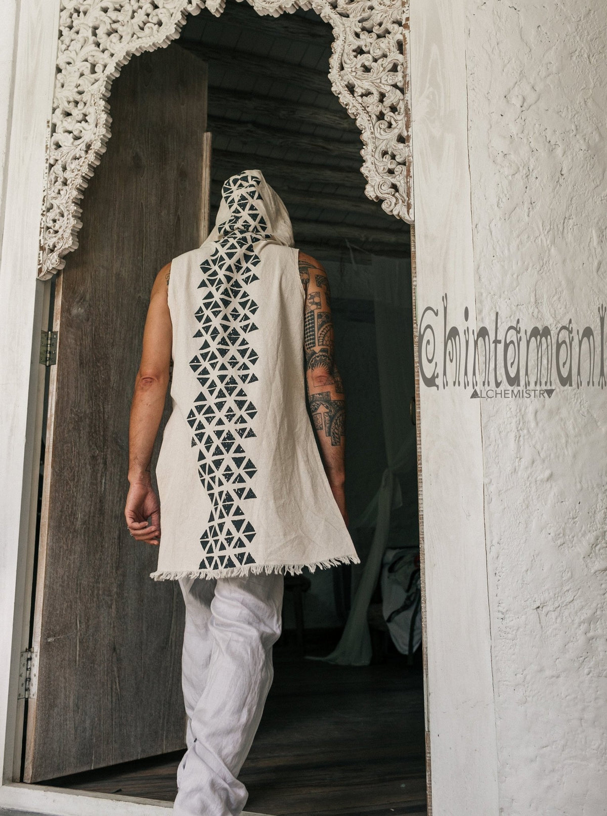 Hooded Vest Shirt for Men / Printed Tank Top with Huge Hood / Off White - ChintamaniAlchemi