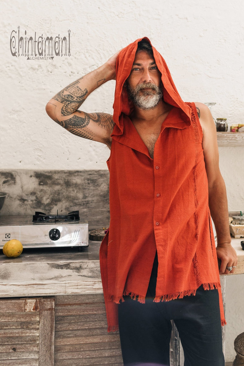 Hooded Vest Shirt for Men / Printed Tank Top with Huge Hood / Red Ochre - ChintamaniAlchemi