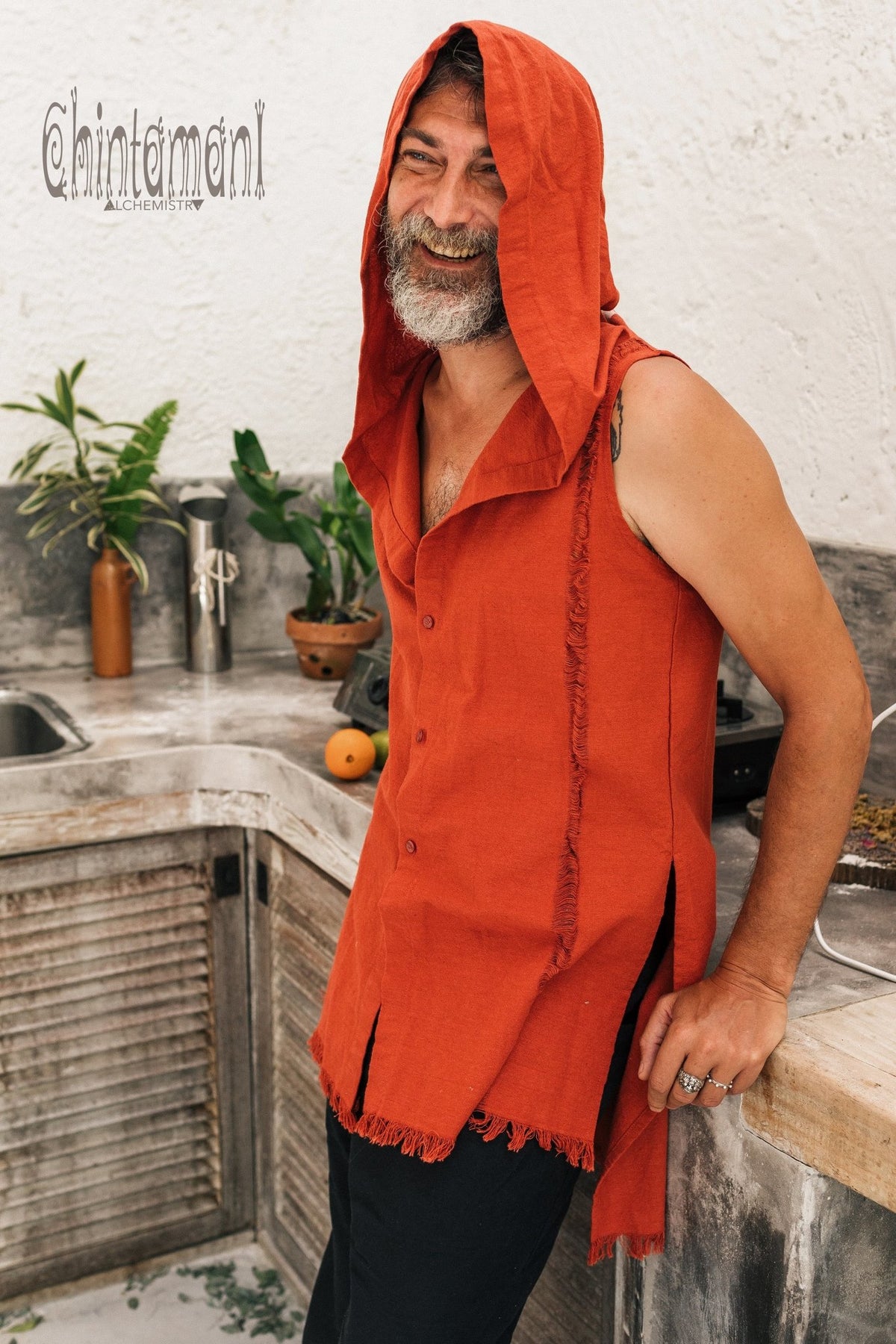 Hooded Vest Shirt for Men / Printed Tank Top with Huge Hood / Red Ochre - ChintamaniAlchemi