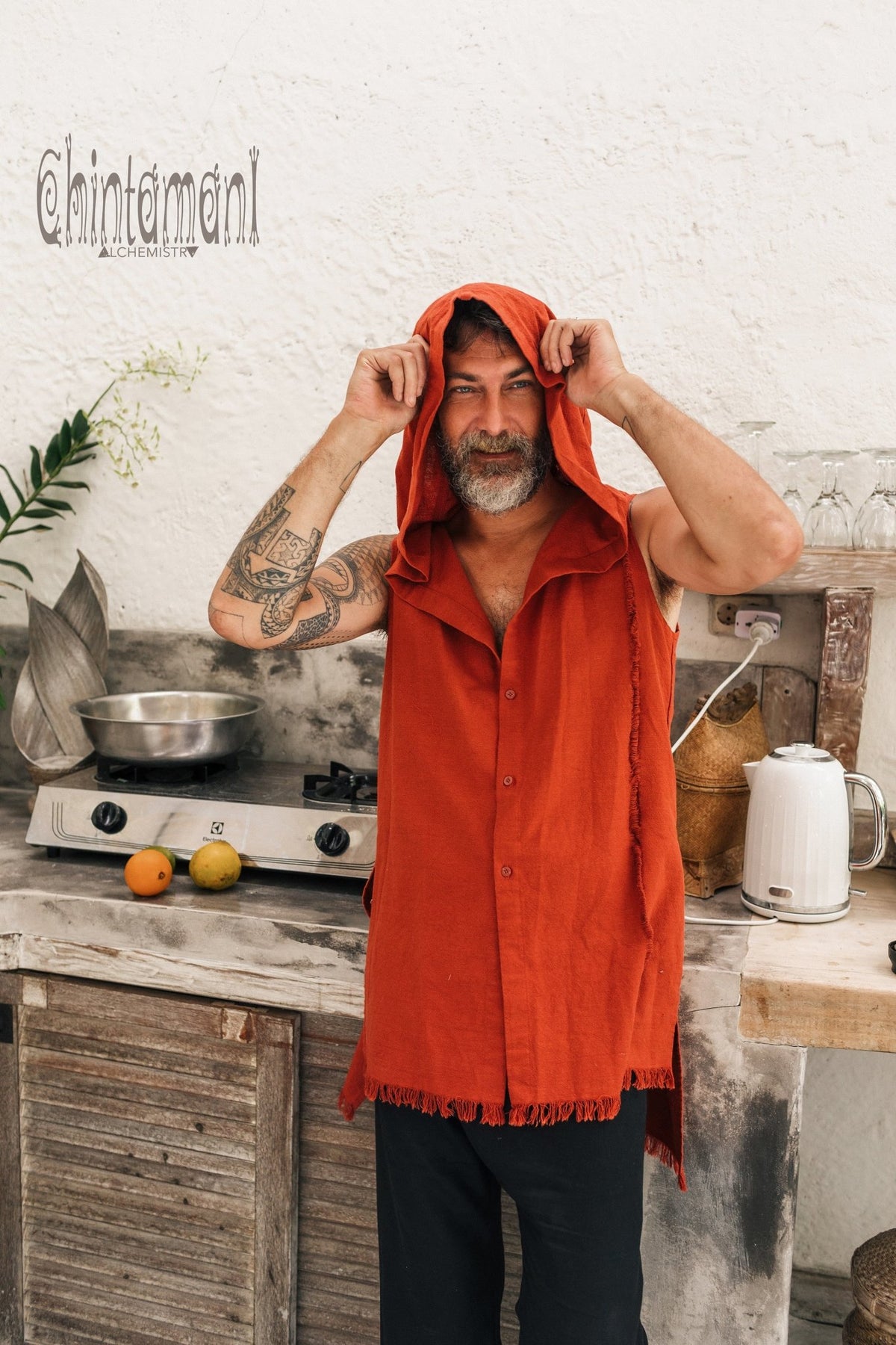 Hooded Vest Shirt for Men / Printed Tank Top with Huge Hood / Red Ochre - ChintamaniAlchemi