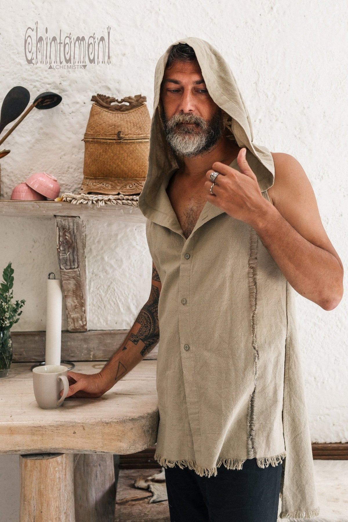 Hooded Vest Shirt for Men / Printed Tank Top with Huge Hood / Sage Green - ChintamaniAlchemi