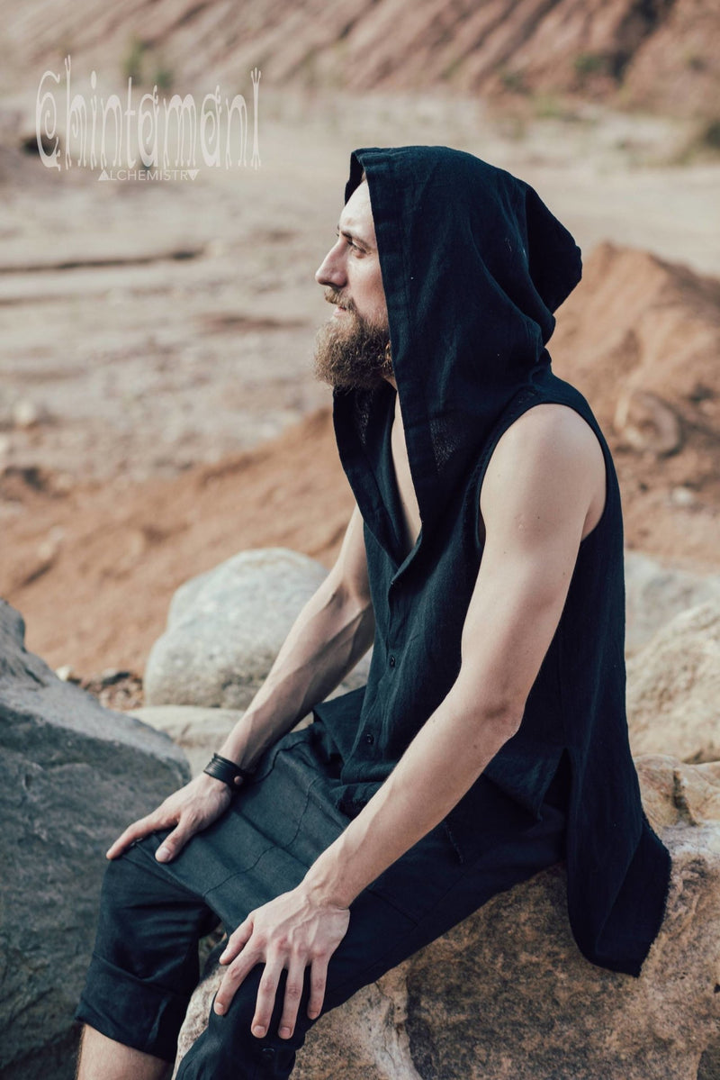 Hooded Vest Shirt for Men / Ripped Tank Top on Buttons with Huge Hood / Black - ChintamaniAlchemi