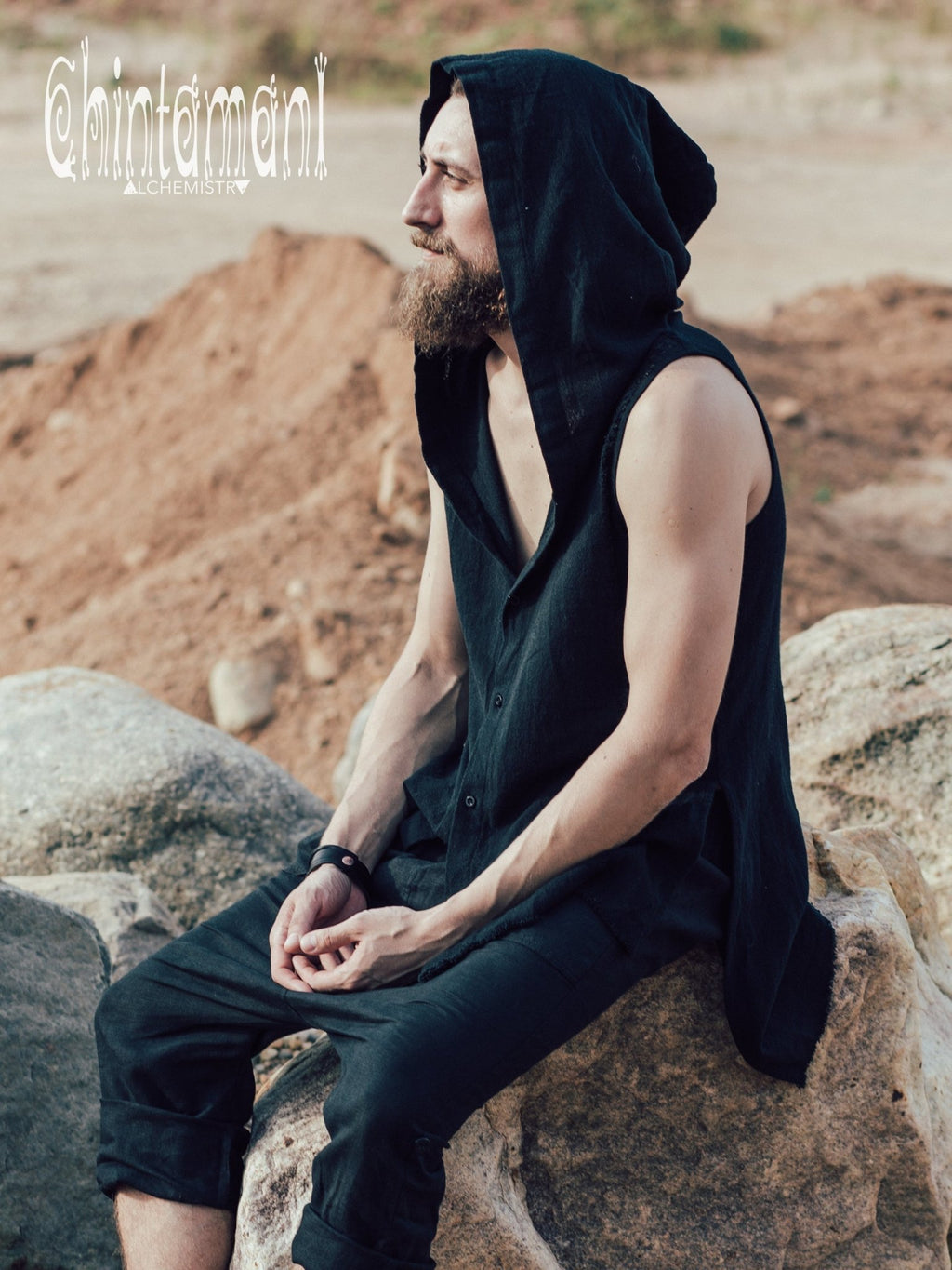 Hooded Vest Shirt for Men / Ripped Tank Top on Buttons with Huge Hood / Black - ChintamaniAlchemi