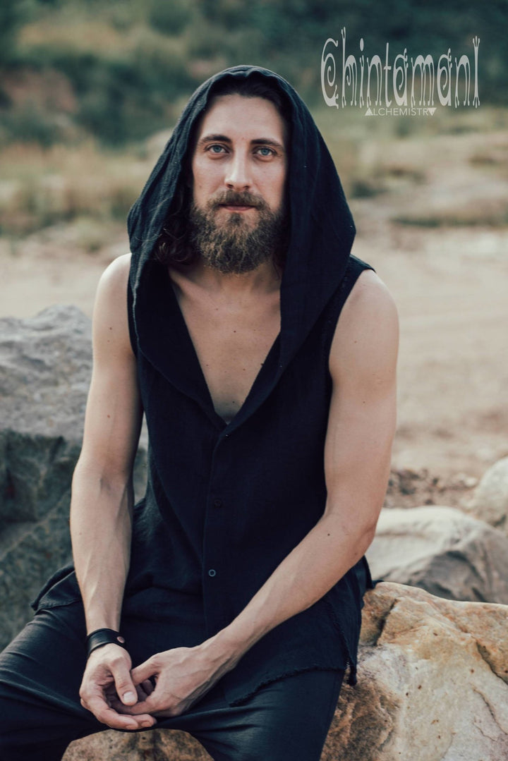 Hooded Vest Shirt for Men / Ripped Tank Top on Buttons with Huge Hood / Black - ChintamaniAlchemi