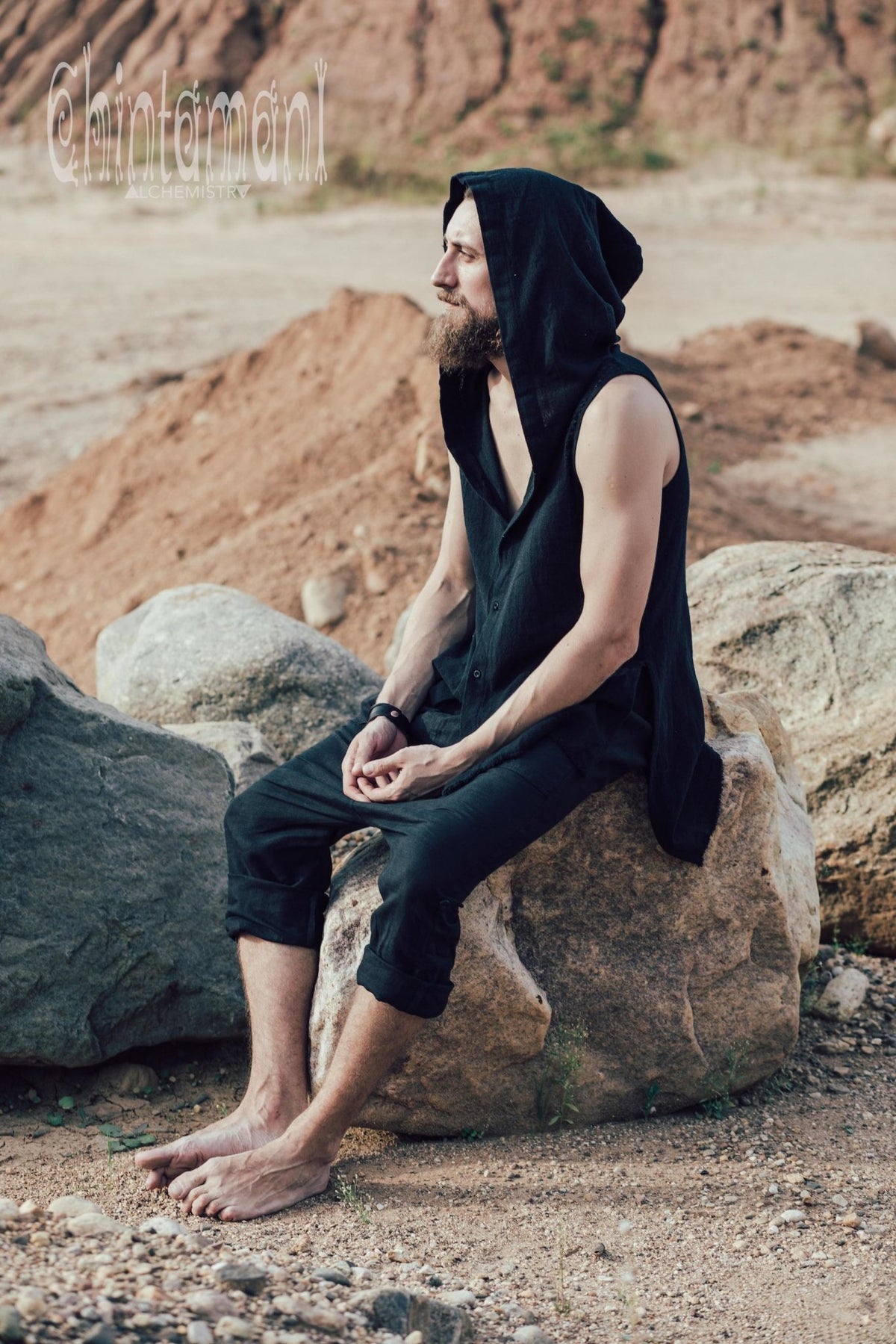 Hooded Vest Shirt for Men / Ripped Tank Top on Buttons with Huge Hood / Black - ChintamaniAlchemi