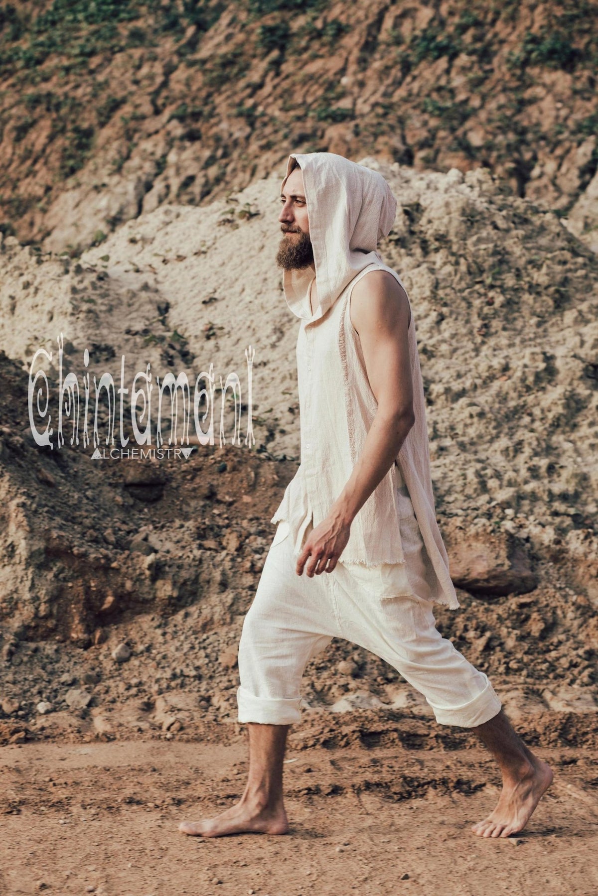 Hooded Vest Shirt for Men / Ripped Tank Top on Buttons with Huge Hood / Off White - ChintamaniAlchemi