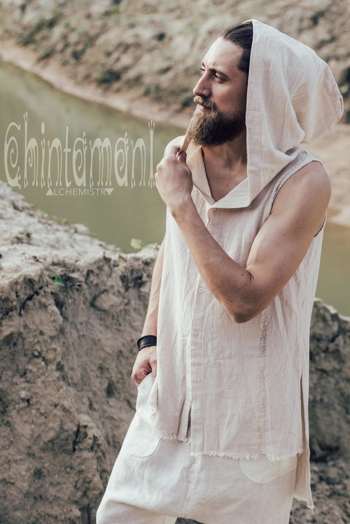 Hooded Vest Shirt for Men / Ripped Tank Top on Buttons with Huge Hood / Off White - ChintamaniAlchemi