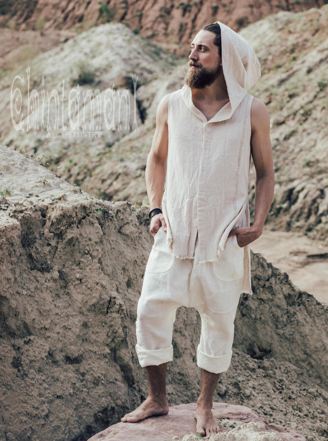 Hooded Vest Shirt for Men / Ripped Tank Top on Buttons with Huge Hood / Off White - ChintamaniAlchemi