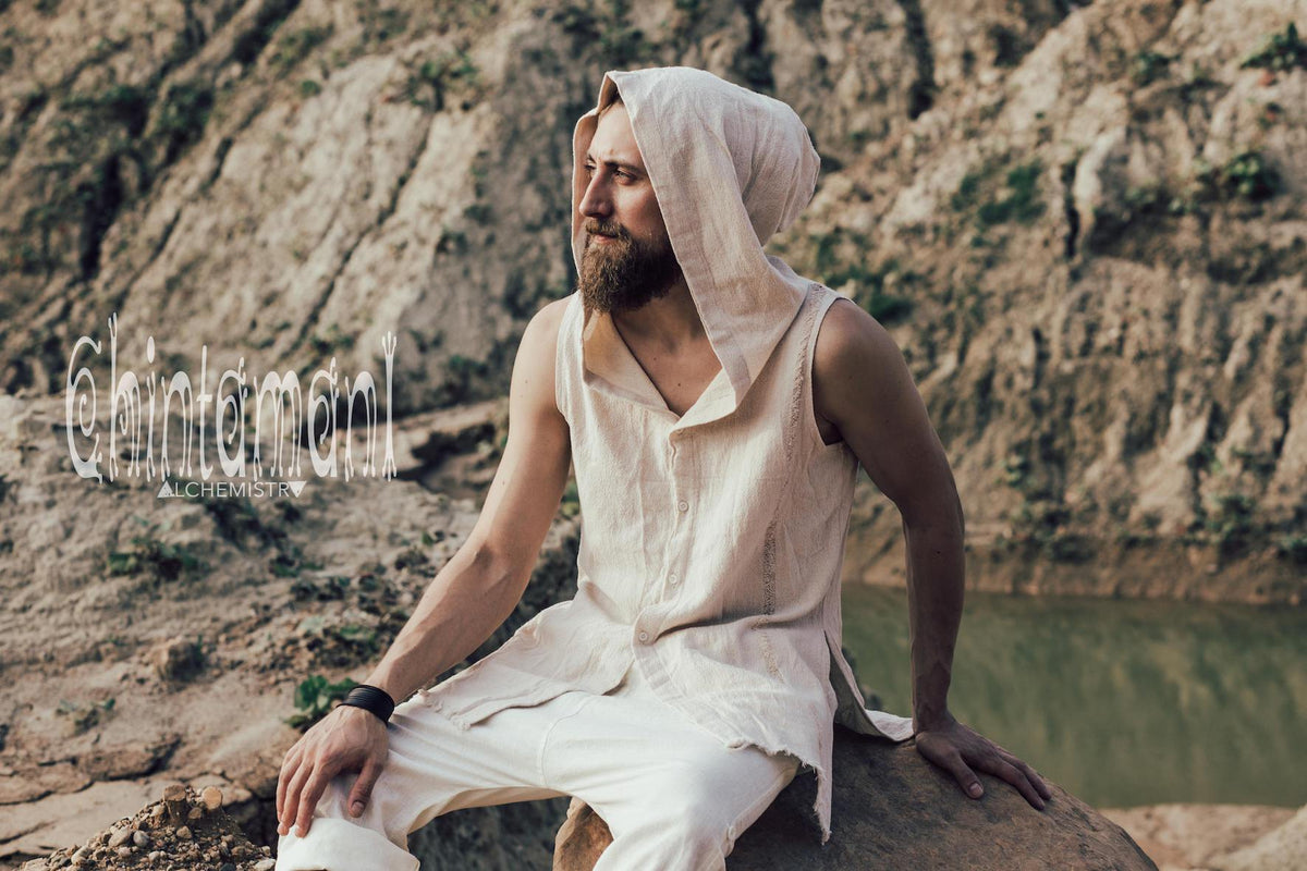 Hooded Vest Shirt for Men / Ripped Tank Top on Buttons with Huge Hood / Off White - ChintamaniAlchemi