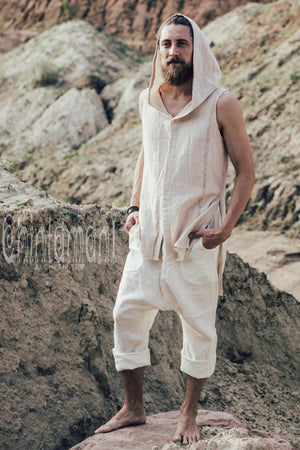 Hooded Vest Shirt for Men / Ripped Tank Top on Buttons with Huge Hood / Off White - ChintamaniAlchemi