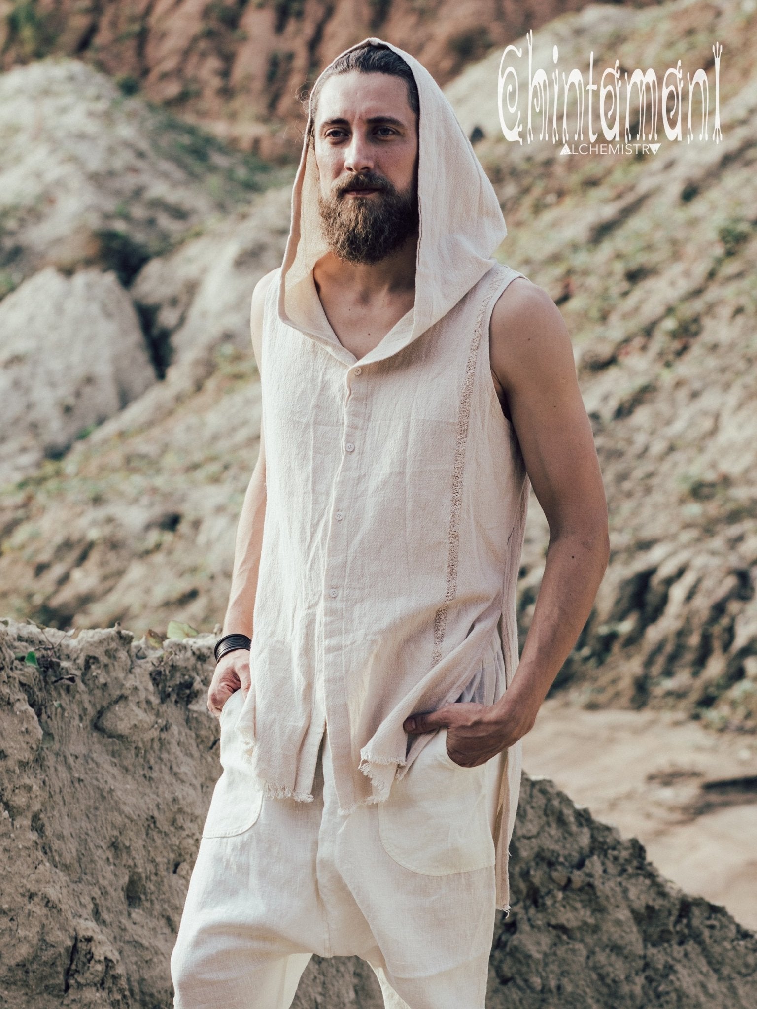 Hooded Vest Shirt for Men / Ripped Tank Top on Buttons with Huge Hood / Off White - ChintamaniAlchemi