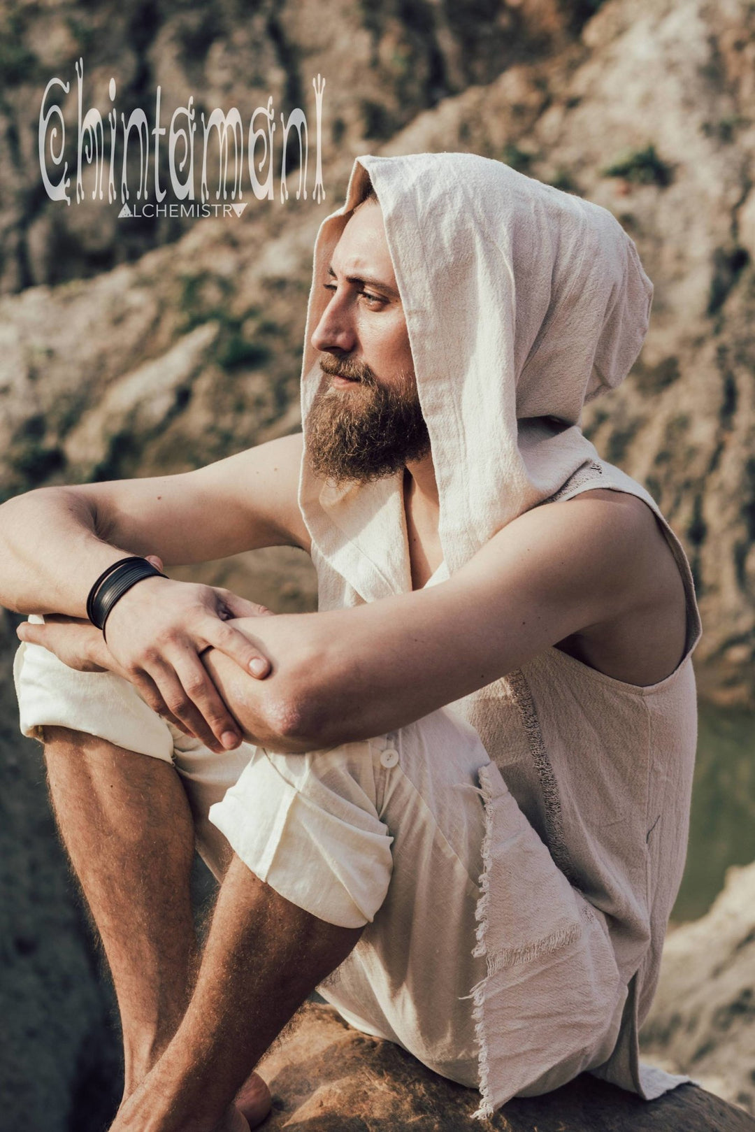 Hooded Vest Shirt for Men / Ripped Tank Top on Buttons with Huge Hood / Off White - ChintamaniAlchemi