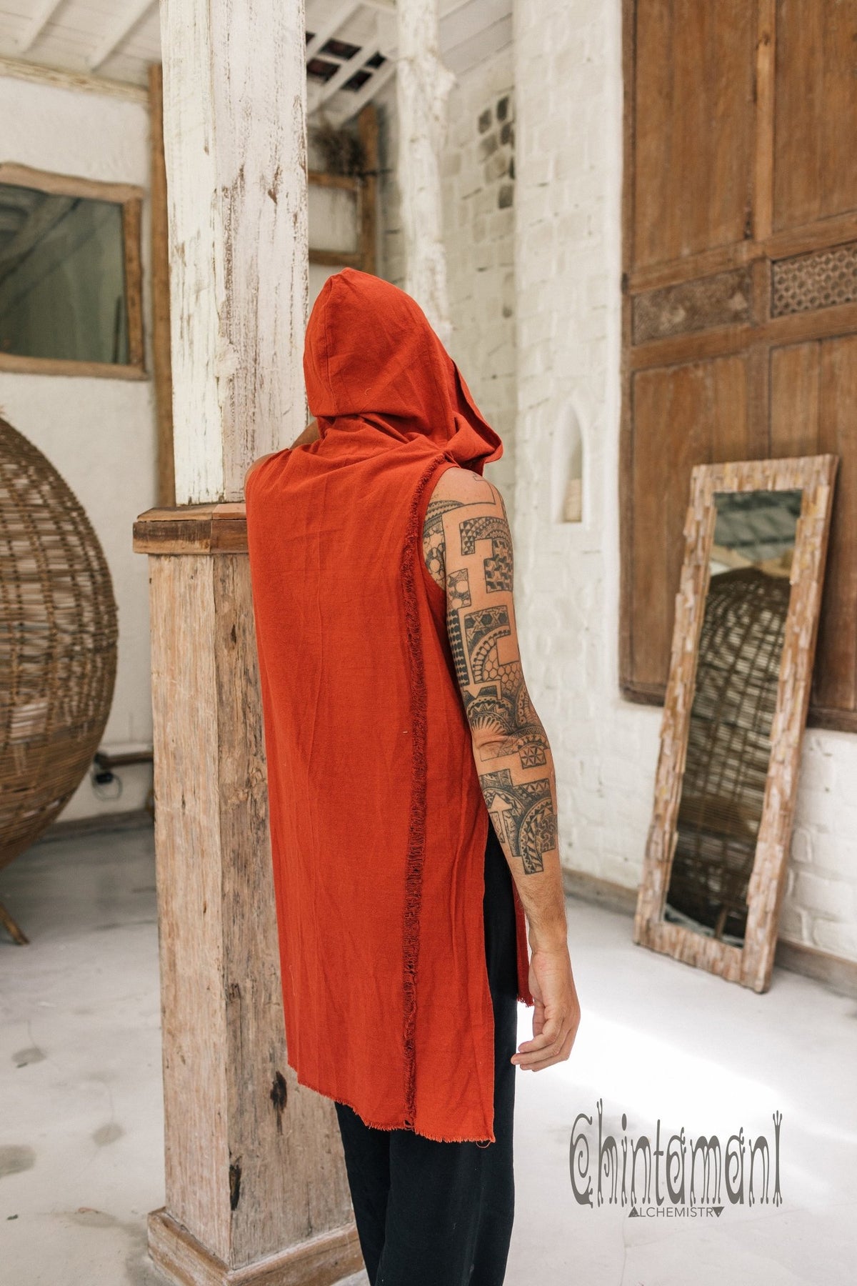 Hooded Vest Shirt for Men / Ripped Tank Top on Buttons with Huge Hood / Red Ochre - ChintamaniAlchemi