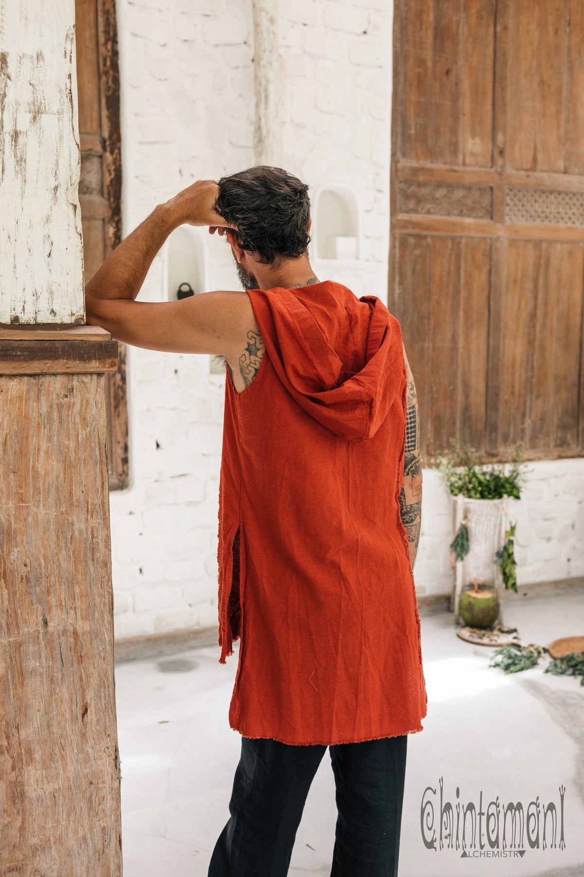 Hooded Vest Shirt for Men / Ripped Tank Top on Buttons with Huge Hood / Red Ochre - ChintamaniAlchemi