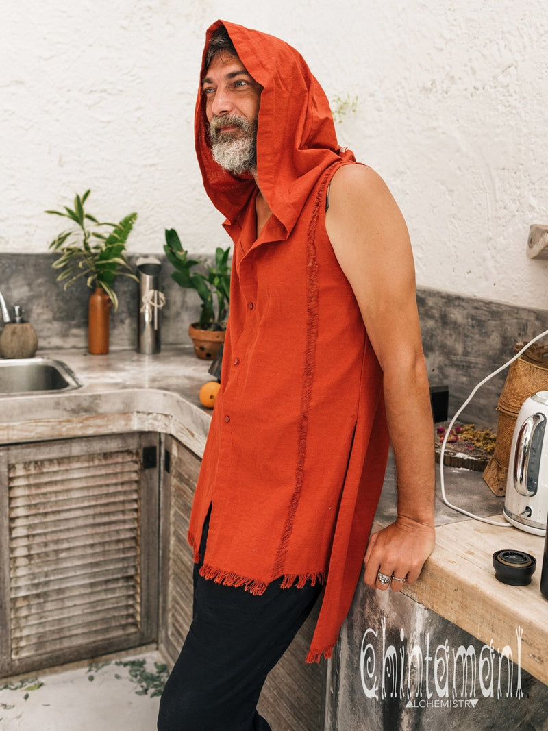 Hooded Vest Shirt for Men / Ripped Tank Top on Buttons with Huge Hood / Red Ochre - ChintamaniAlchemi