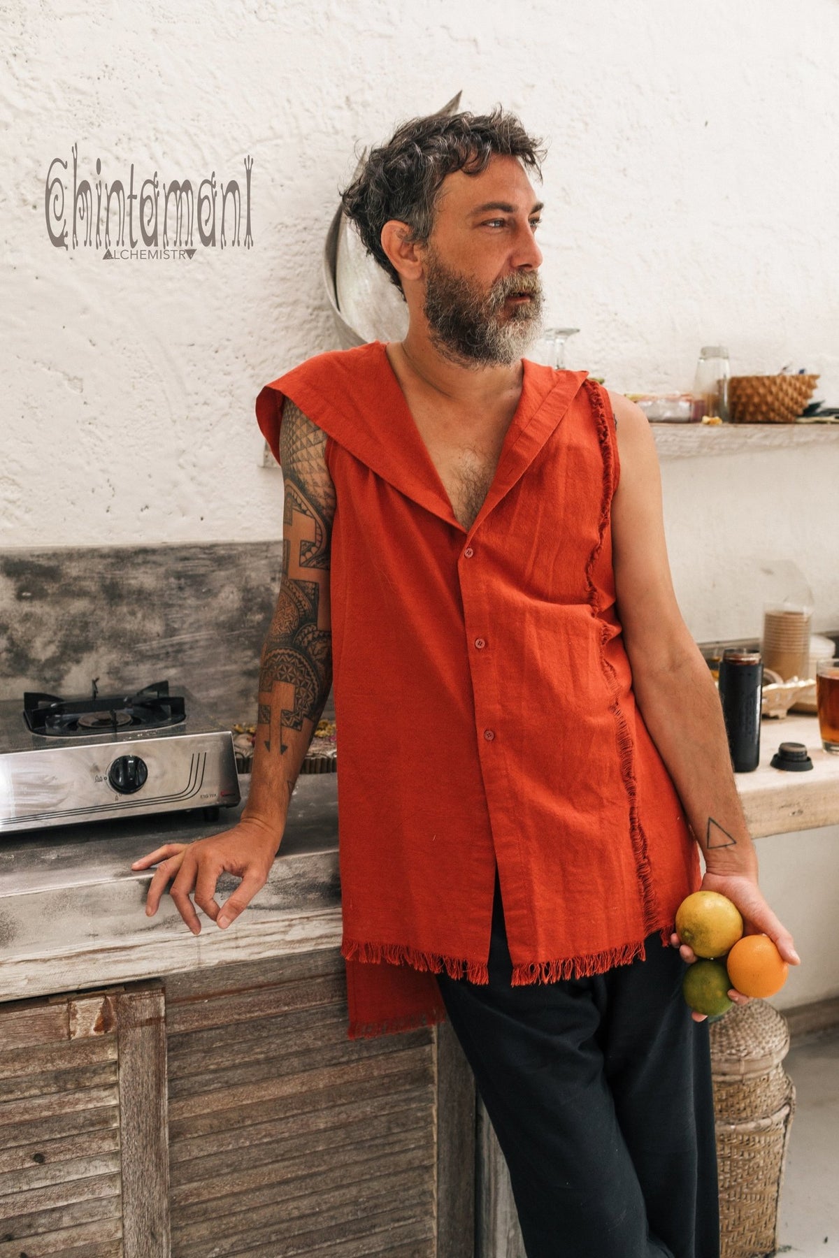 Hooded Vest Shirt for Men / Ripped Tank Top on Buttons with Huge Hood / Red Ochre - ChintamaniAlchemi