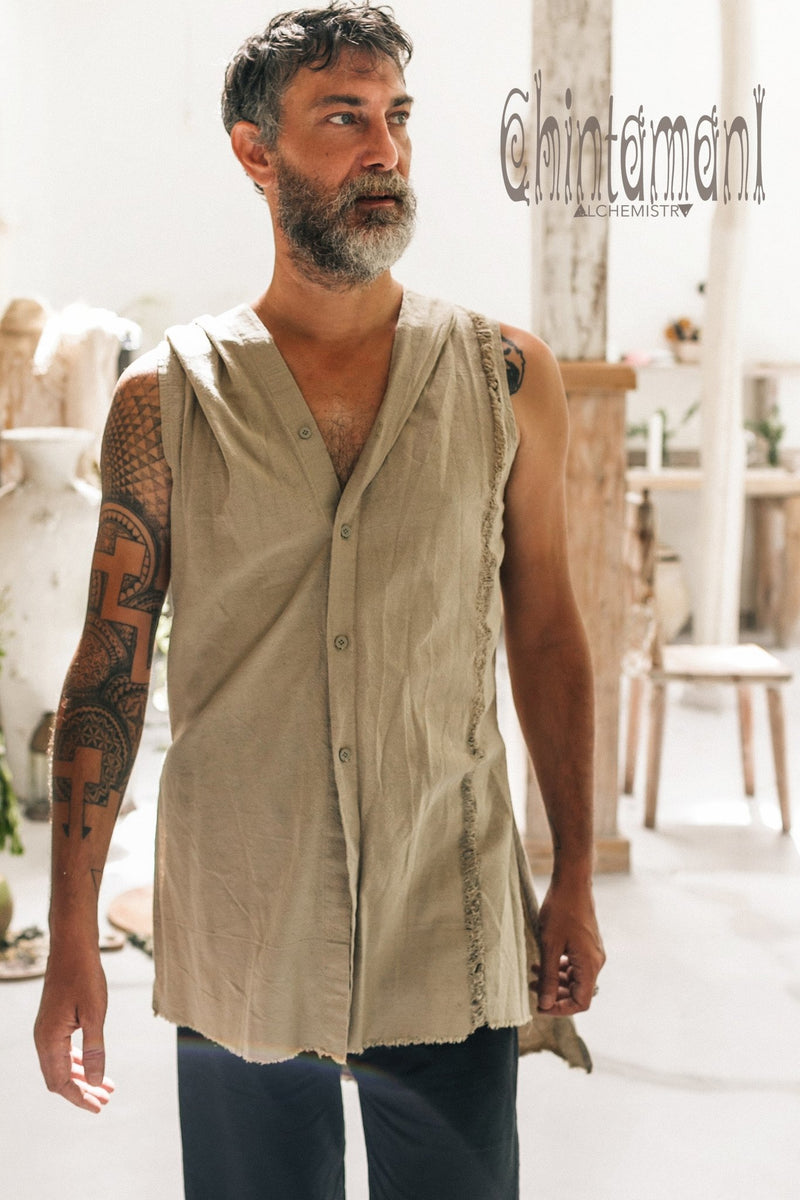 Hooded Vest Shirt for Men / Ripped Tank Top on Buttons with Huge Hood / Sage Green - ChintamaniAlchemi