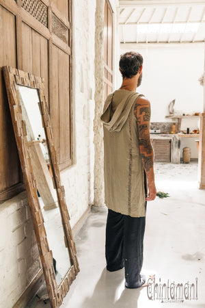 Hooded Vest Shirt for Men / Ripped Tank Top on Buttons with Huge Hood / Sage Green - ChintamaniAlchemi