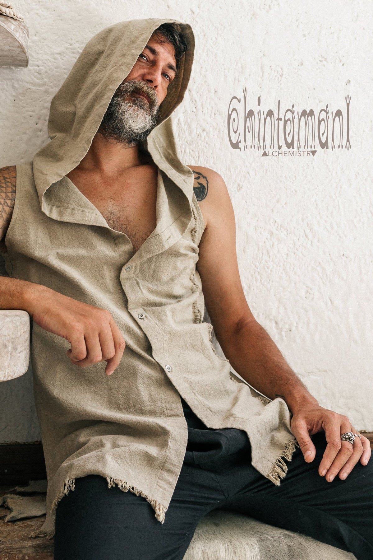 Hooded Vest Shirt for Men / Ripped Tank Top on Buttons with Huge Hood / Sage Green - ChintamaniAlchemi