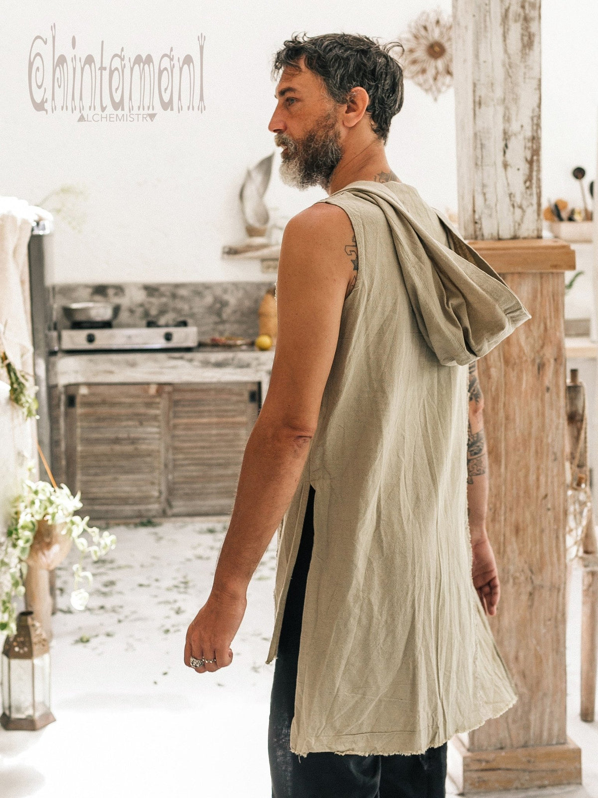 Hooded Vest Shirt for Men / Ripped Tank Top on Buttons with Huge Hood / Sage Green - ChintamaniAlchemi