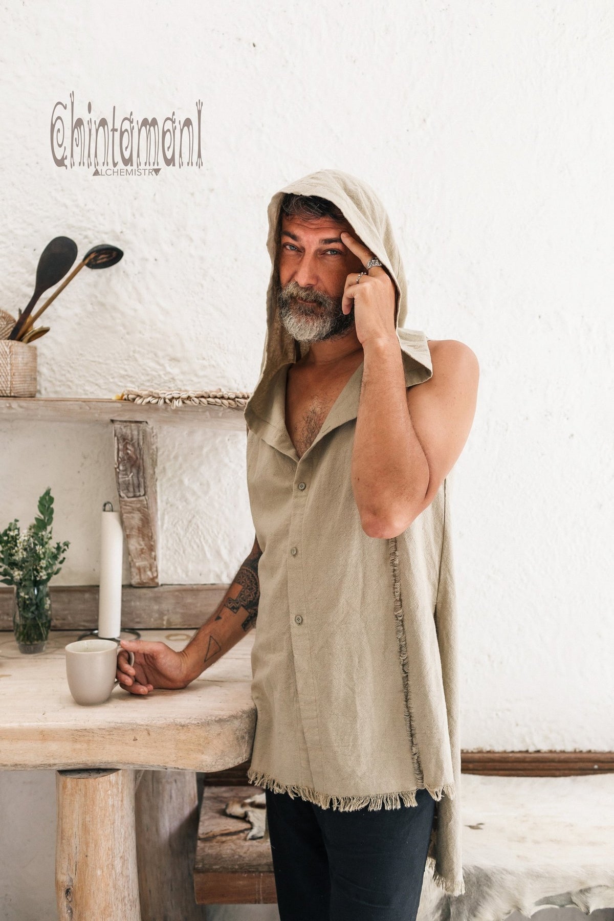 Hooded Vest Shirt for Men / Ripped Tank Top on Buttons with Huge Hood / Sage Green - ChintamaniAlchemi