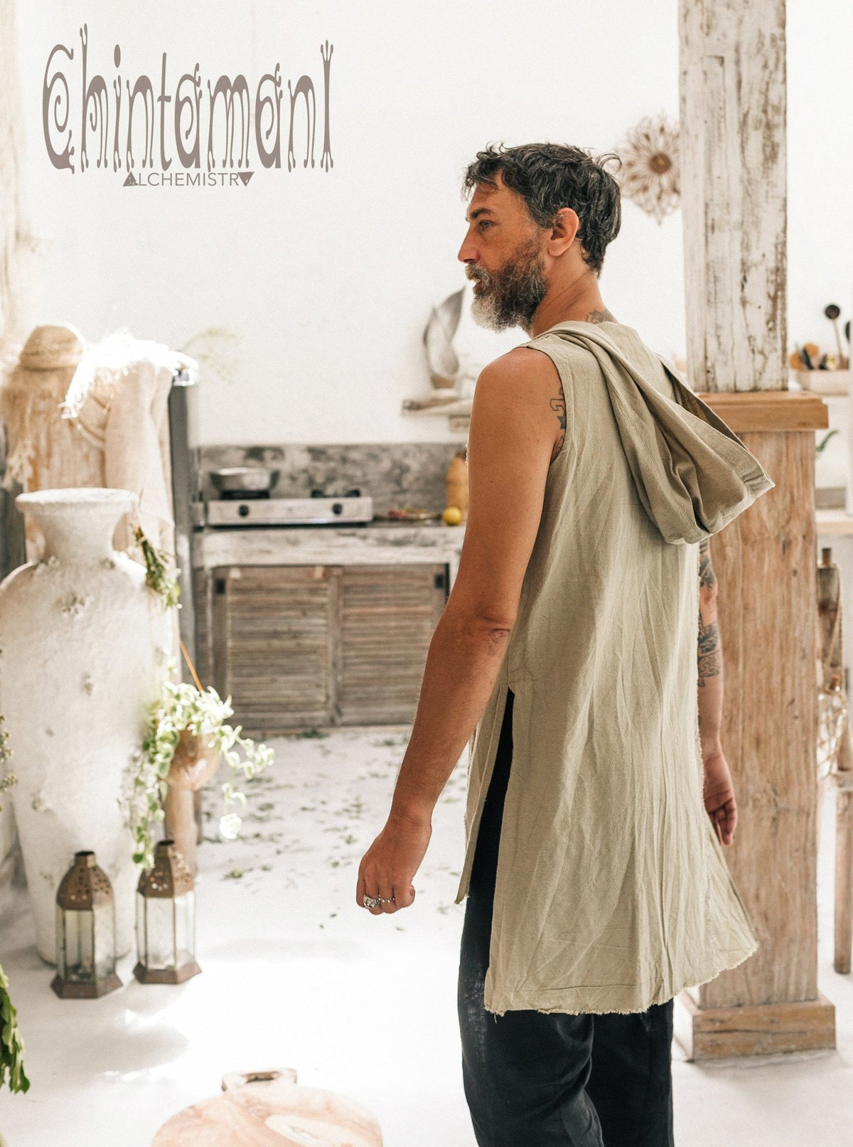 Hooded Vest Shirt for Men / Ripped Tank Top on Buttons with Huge Hood / Sage Green - ChintamaniAlchemi