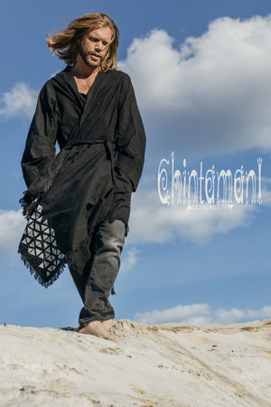 Huge Raw Cotton Mens Wrap Cardigan Coat / Kimono Cloak or Cape / Aroha Atua Black - ChintamaniAlchemi
